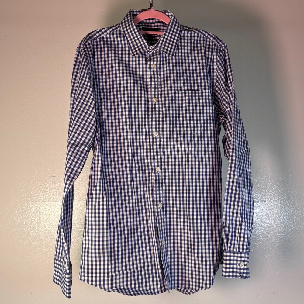 Banana Republic Non-Iron Tailored Slim Fit Gingham Dress Shirt - Blue/White - M - Picture 3 of 5